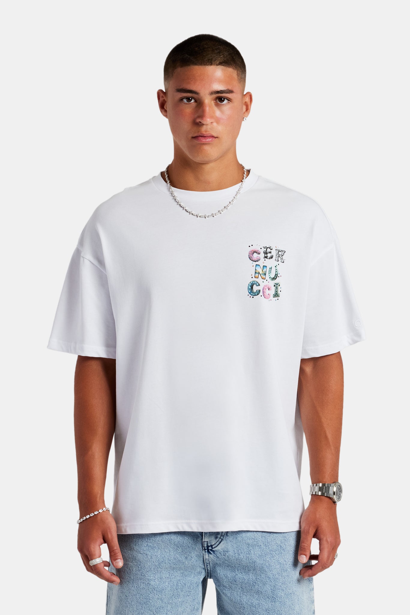 Cernucci Letter Rhinestone Oversized T-Shirt - White